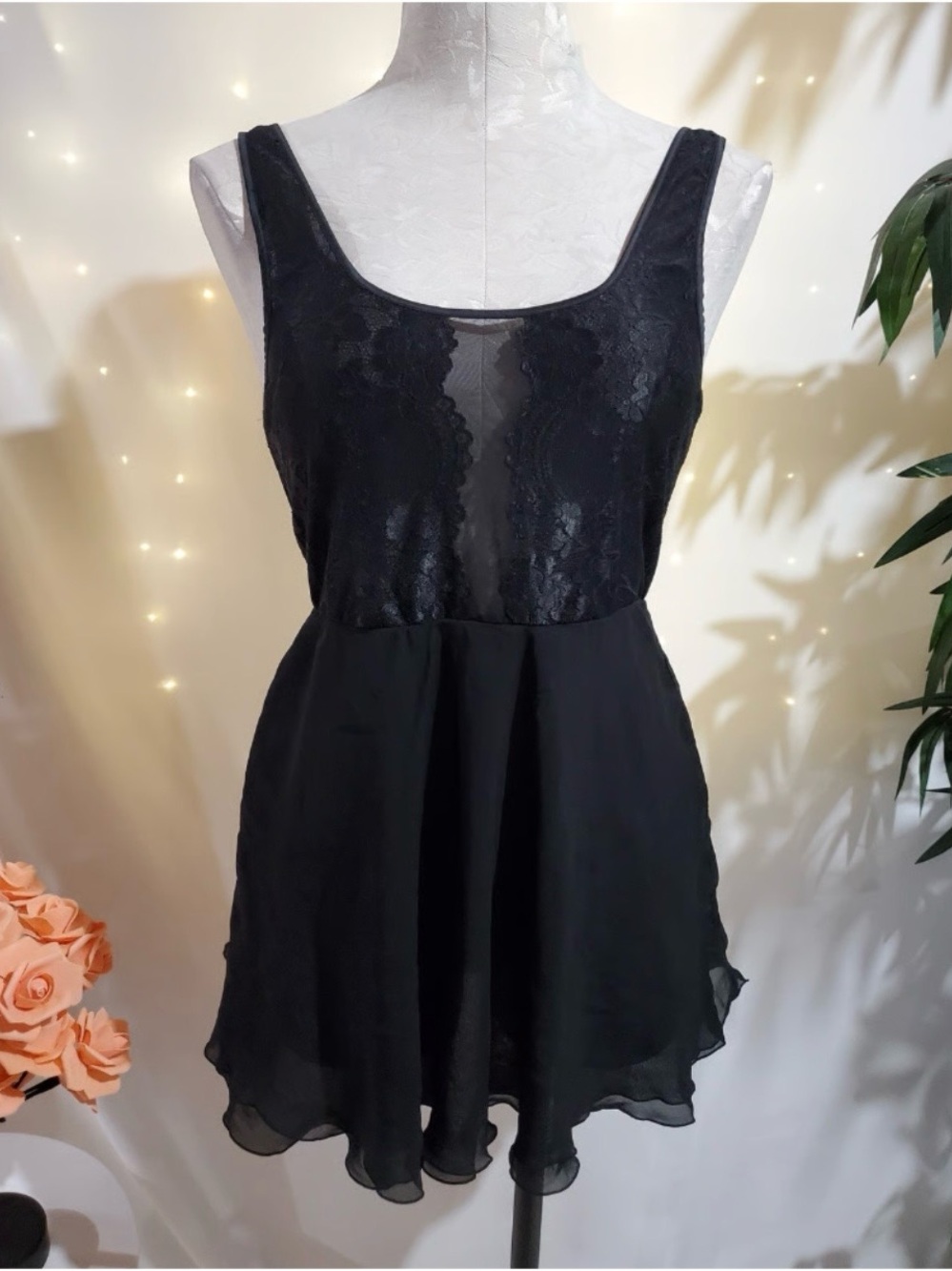 Soma Black Lace & Chiffon Chemise Slip Size XXL